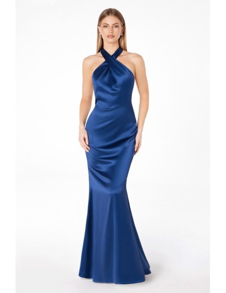 Satin party dress with halter neckline and open back