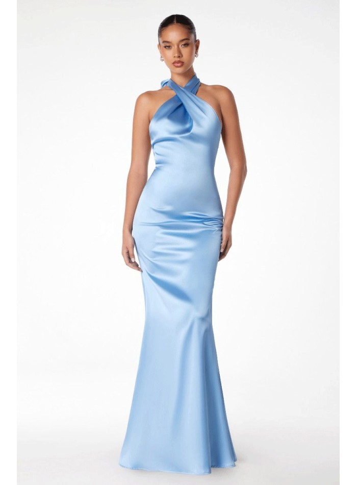 Satin party dress with halter neckline and open back