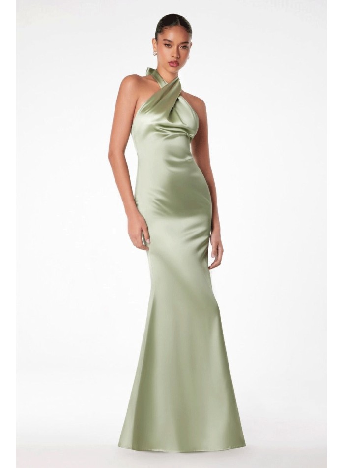 Satin party dress with halter neckline and open back