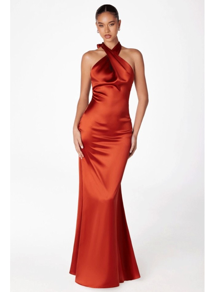 Satin party dress with halter neckline and open back