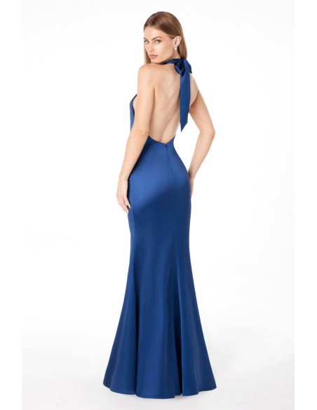 Satin party dress with halter neckline and open back