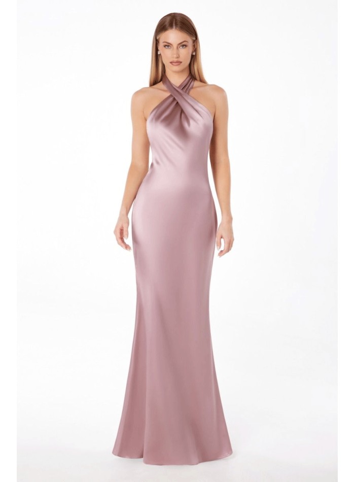 Satin party dress with halter neckline and open back