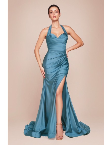 Long evening dress for guest with halter neckline