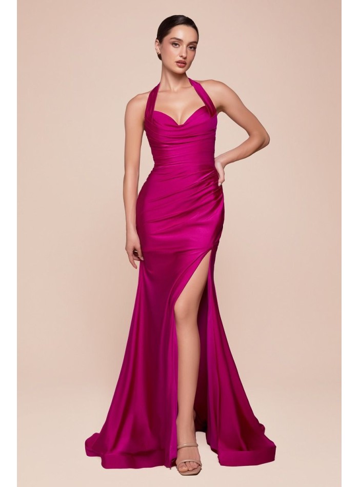 Long evening dress for guest with halter neckline