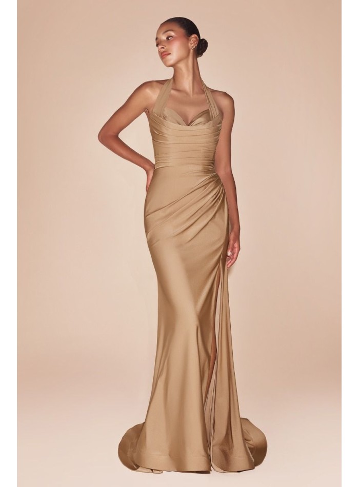 Long evening dress for guest with halter neckline