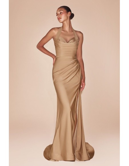 Long evening dress for guest with halter neckline