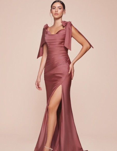 Satin gown with draped bodice and dropped sleeves
