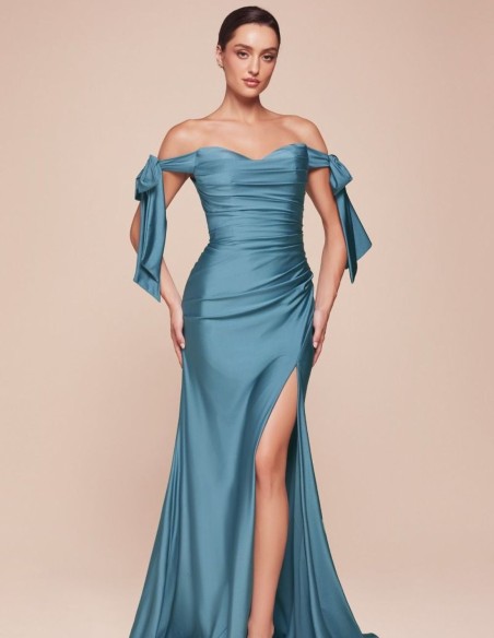 Satin gown with draped bodice and dropped sleeves