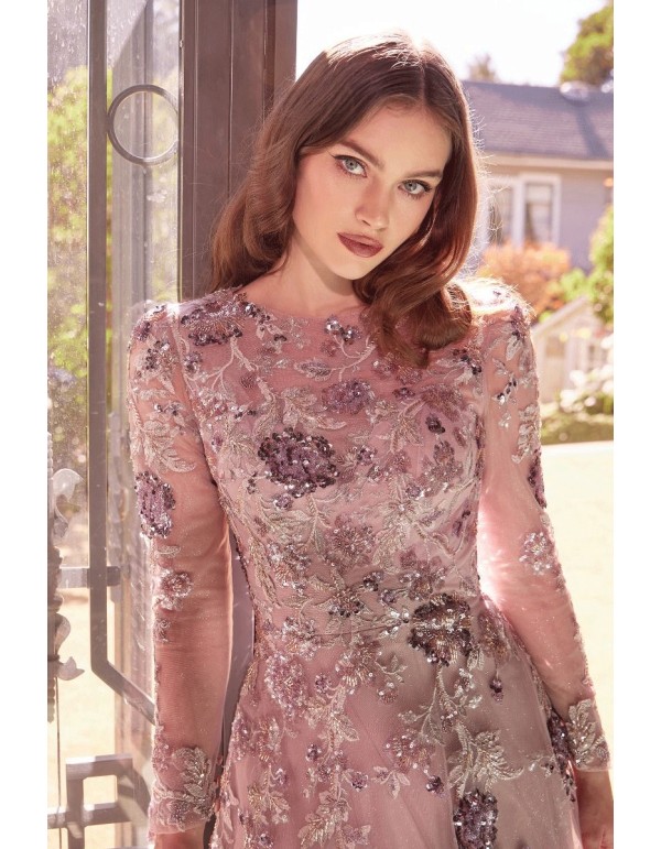 Semitransparent long sleeve evening dress with rhinestones