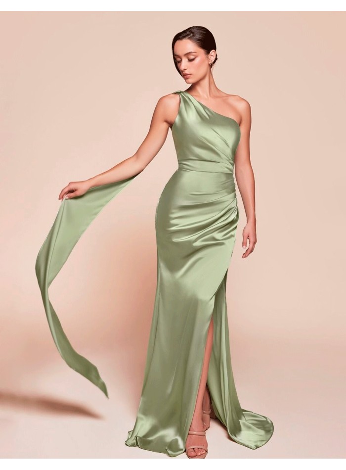 Satin long gown with asymmetrical neckline