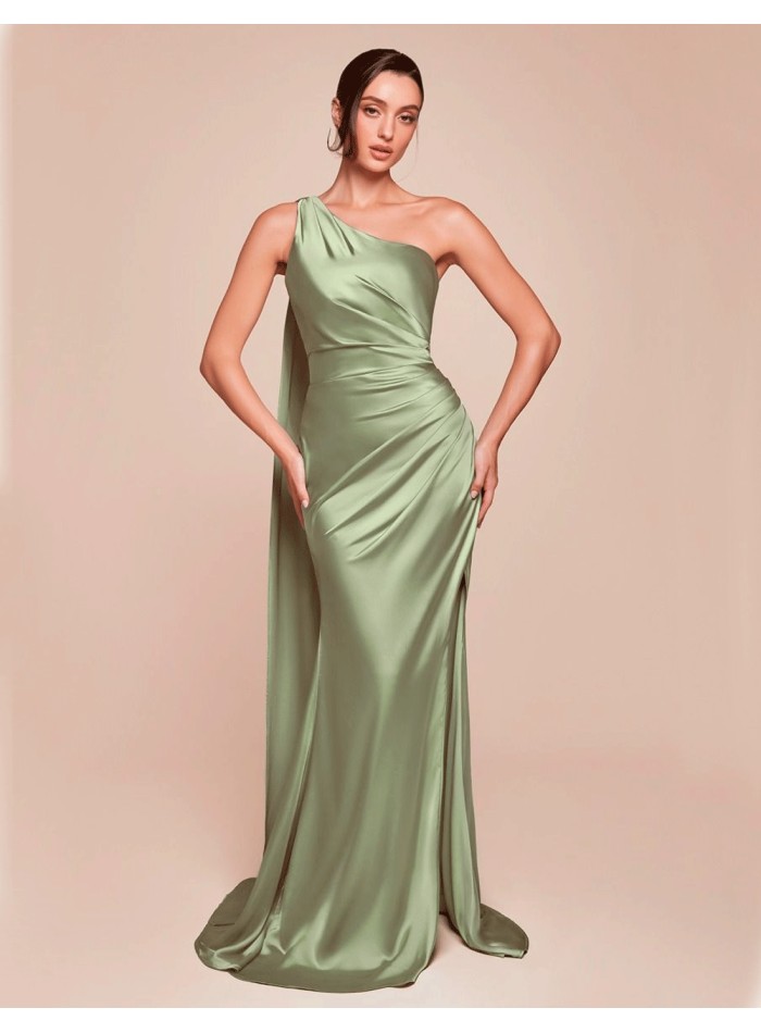 escote asimétrico y cintura fruncida del vestido de fiesta largo satinado, perfecto para eventos formales