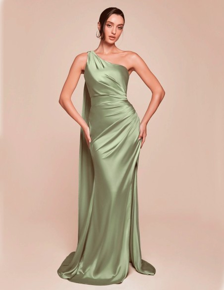 escote asimétrico y cintura fruncida del vestido de fiesta largo satinado, perfecto para eventos formales escote asimétrico y cintura fruncida del vestido de fiesta largo satinado, perfecto para eventos formales
