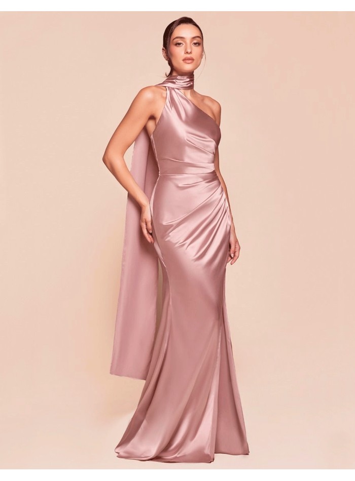 Satin long gown with asymmetrical neckline