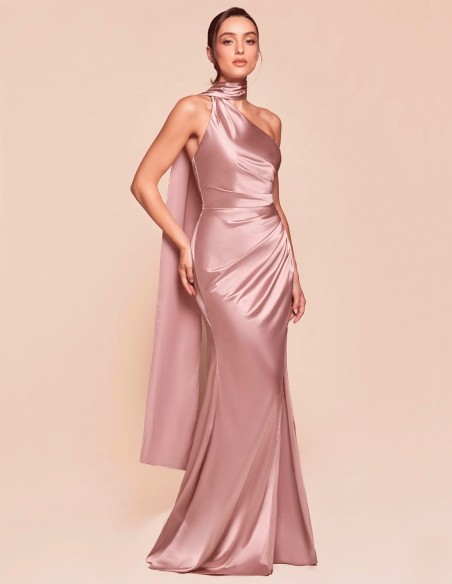 Vestido satinado de un solo hombro con abertura en la pierna, una opción elegante para invitadas o damas de honor Vestido satinado de un solo hombro con abertura en la pierna, una opción elegante para invitadas o damas de honor