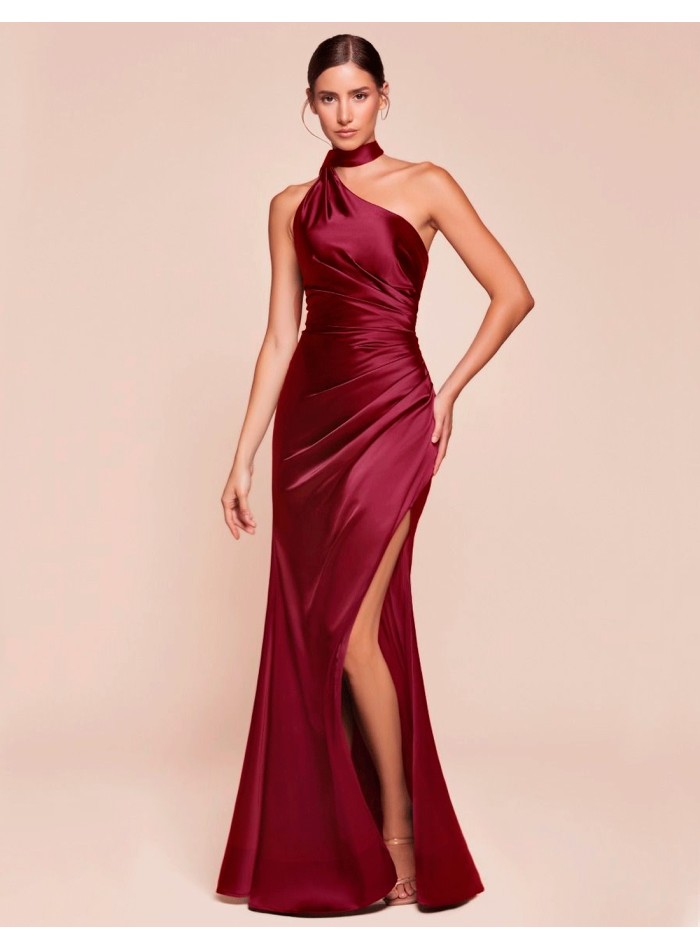 Satin long gown with asymmetrical neckline