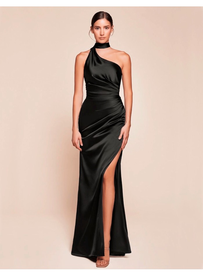 Satin long gown with asymmetrical neckline