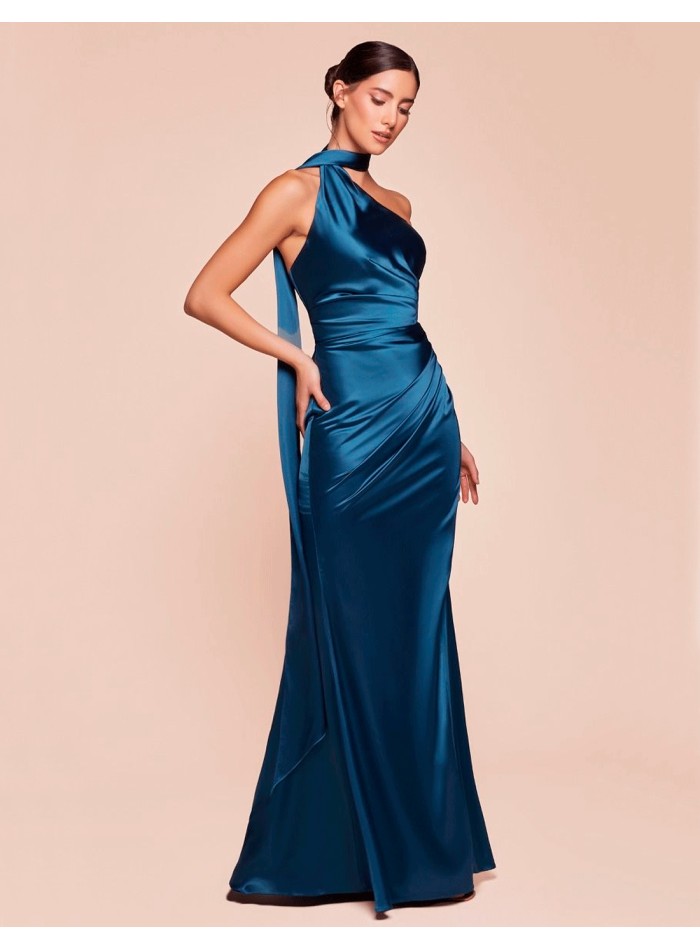 Satin long gown with asymmetrical neckline