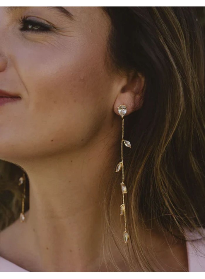 Long earrings with mini zirconia leaves