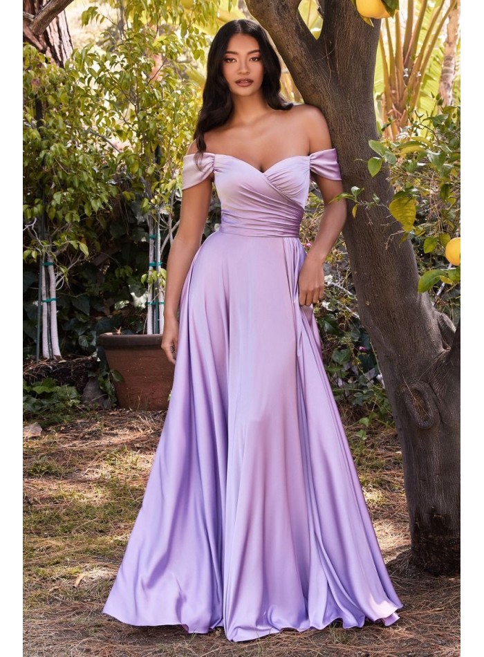 Long satin ball gown with sweetheart neckline and slit