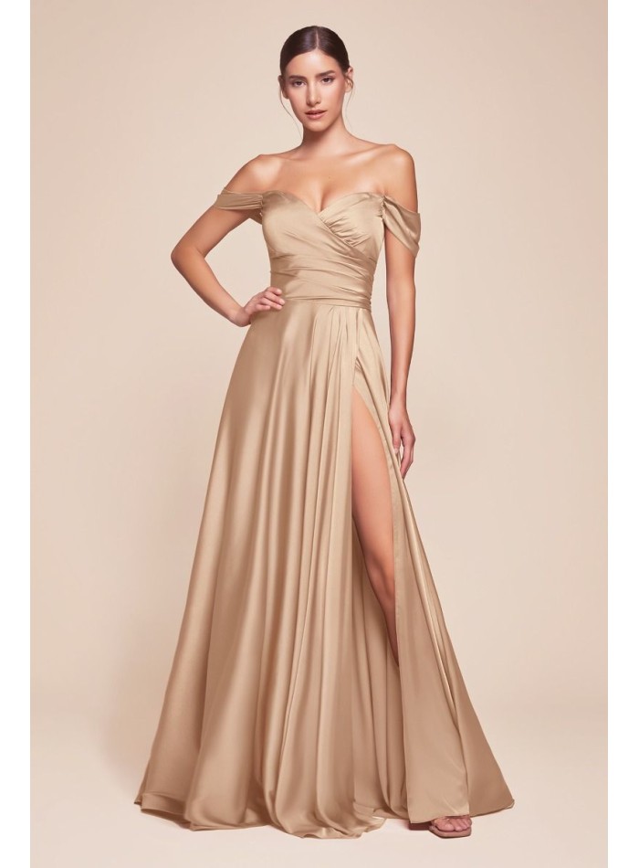 Long satin ball gown with sweetheart neckline and slit