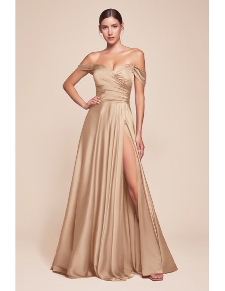 Long satin ball gown with sweetheart neckline and slit