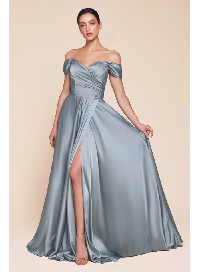 Long satin ball gown with sweetheart neckline and slit