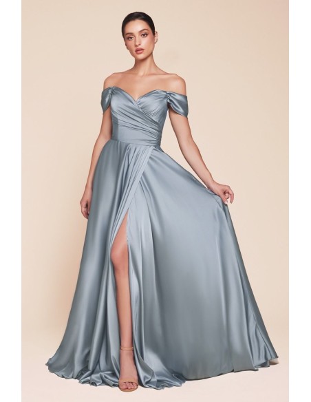 Long satin ball gown with sweetheart neckline and slit