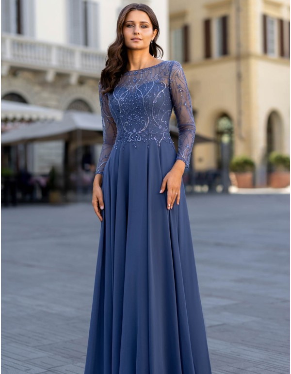 Long ball gown with rhinestone bodice and French sleeves