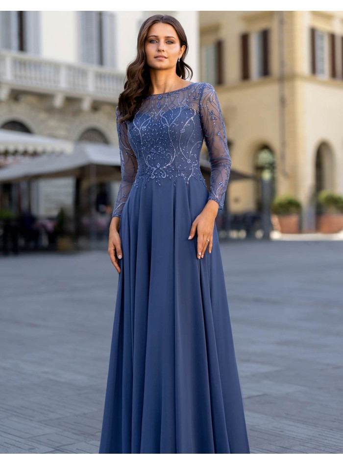 Long ball gown with rhinestone bodice and French sleeves