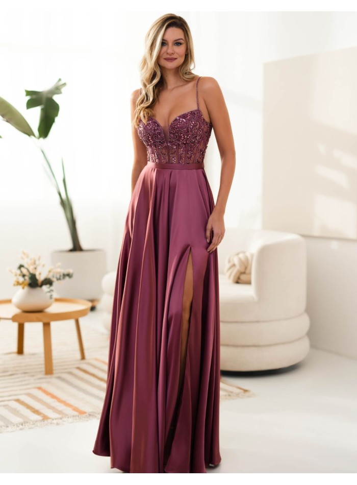 Long dress for guest with thin straps and rhinestones