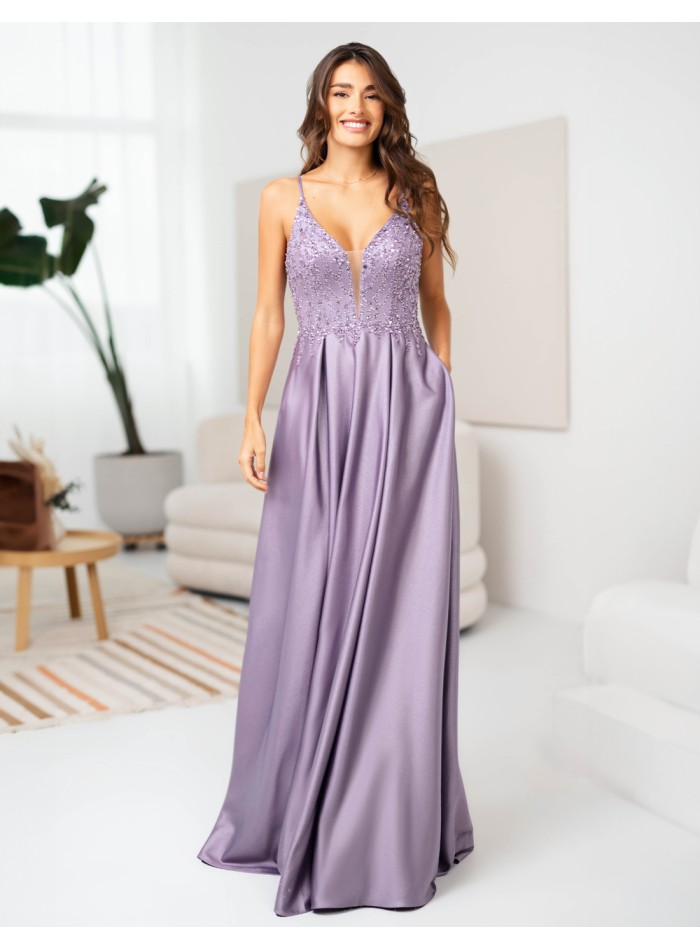 Robe de soirée longue sans bretelles avec décolleté en V et strass