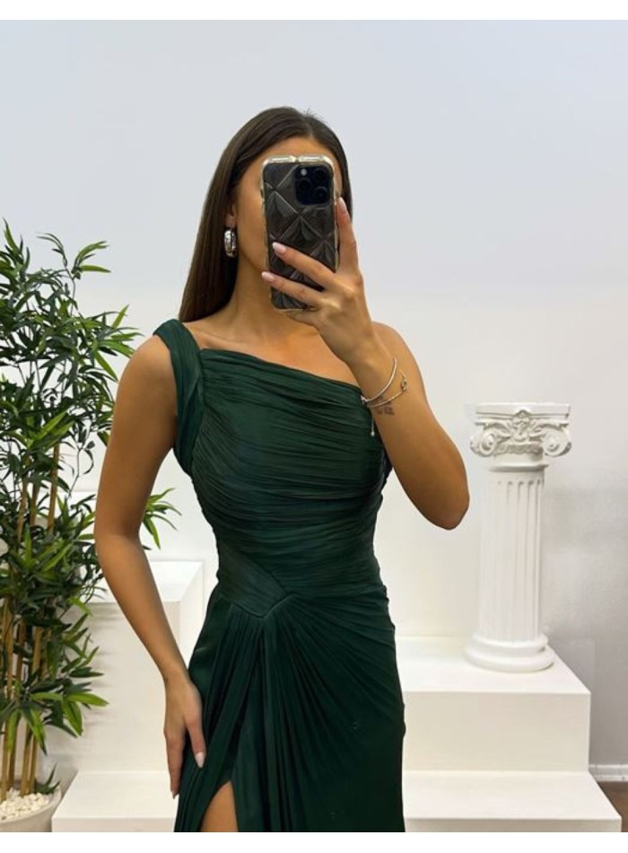 Long pleated party dress with asymmetrical...