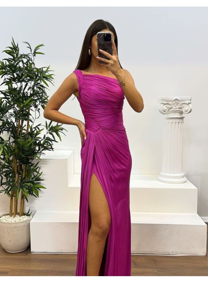 Long pleated party dress with asymmetrical neckline