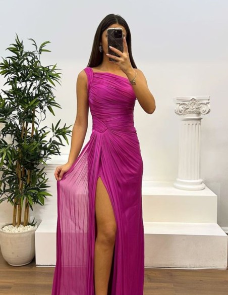 Long pleated party dress with asymmetrical neckline