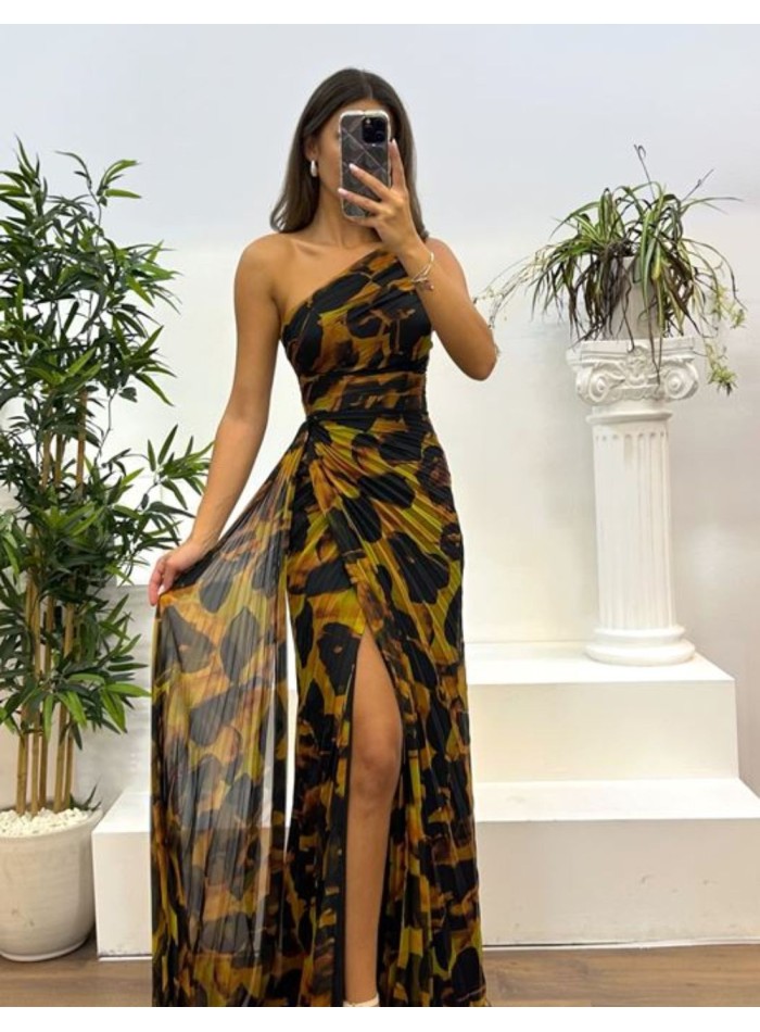 Long printed chiffon dress with asymmetrical neckline