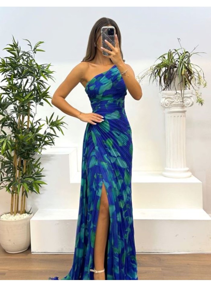 Long printed chiffon dress with asymmetrical neckline