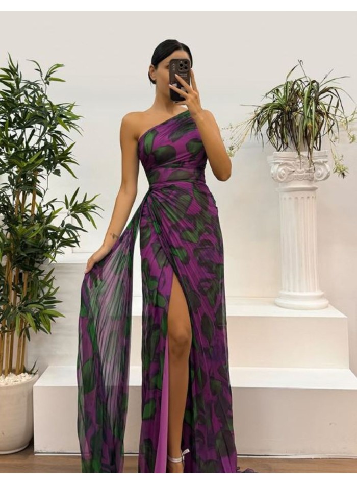 Long printed chiffon dress with asymmetrical neckline