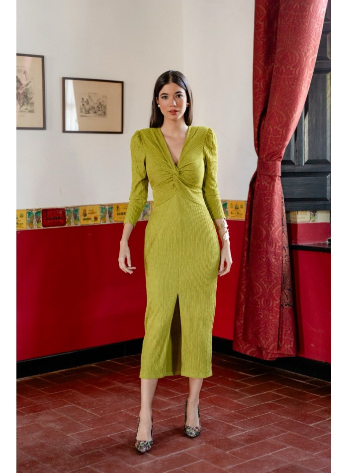 Pistachio green long dress with draped neckline