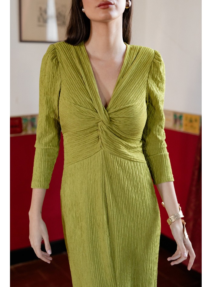 Pistachio green long dress with draped neckline