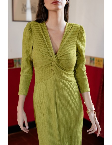 Pistachio green long dress with draped neckline