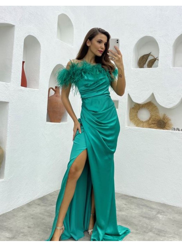 Long party dress with feathered bardot neckline and side slit