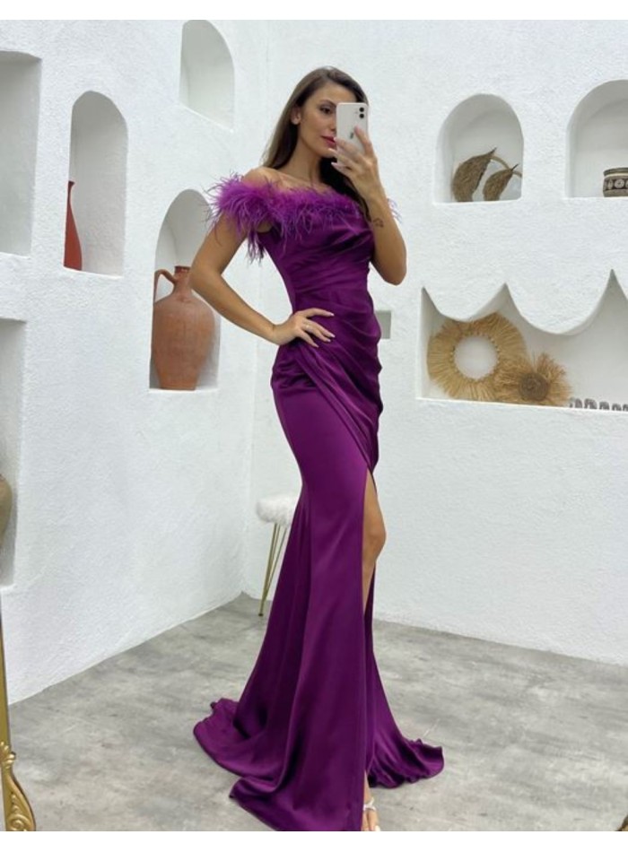 Vestido de fiesta largo con escote bardot de...