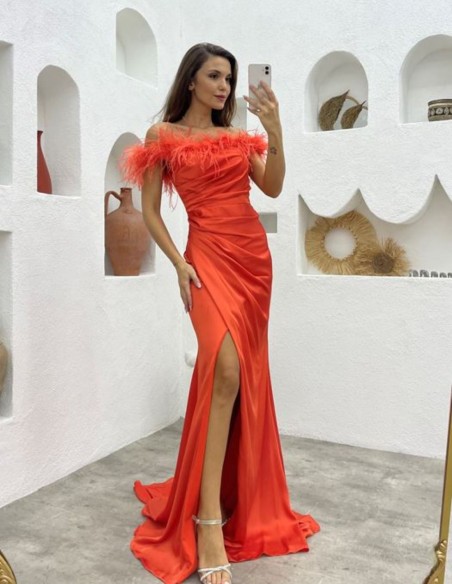 Long party dress with feathered bardot neckline and side slit