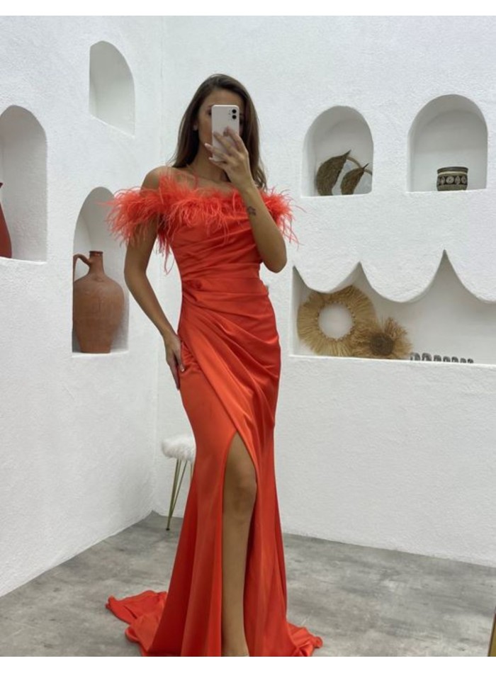 Long party dress with feathered bardot neckline...