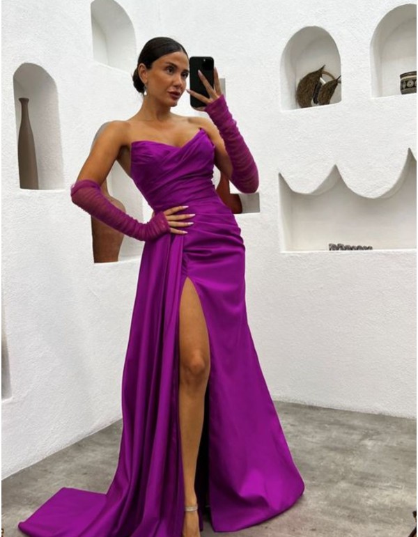 Strapless long evening dress with sleeves 2