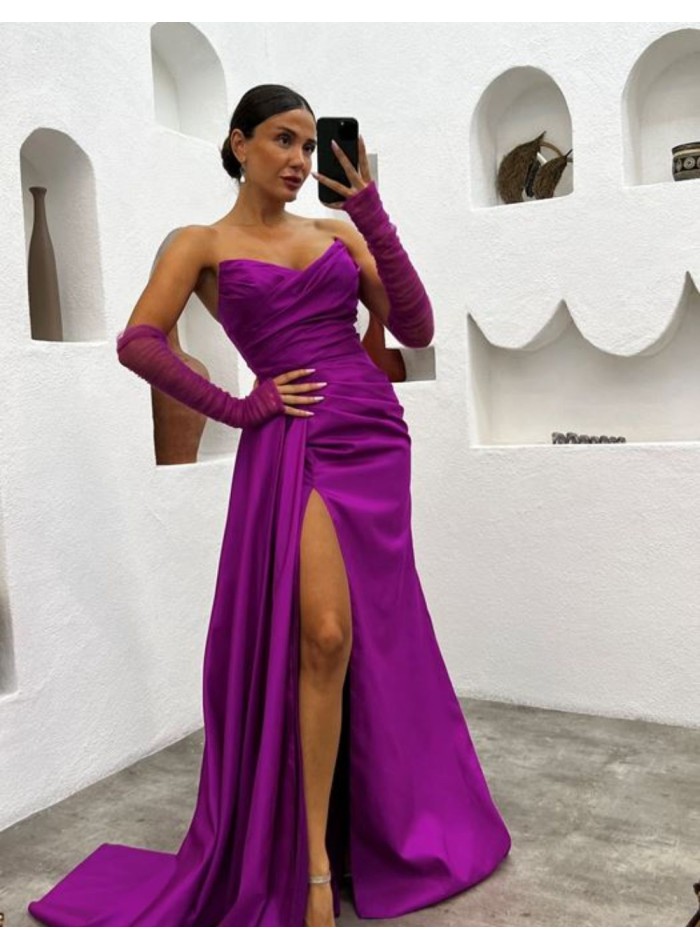 Strapless long evening dress with sleeves