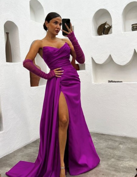 Strapless long evening dress with sleeves
