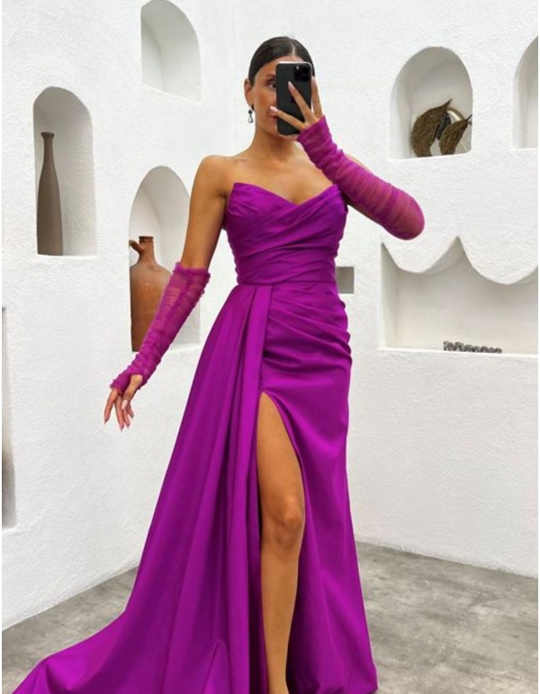 Strapless long evening dress with sleeves