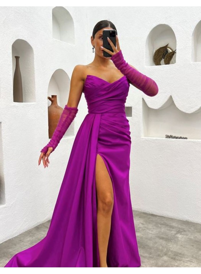 Strapless long evening dress with sleeves