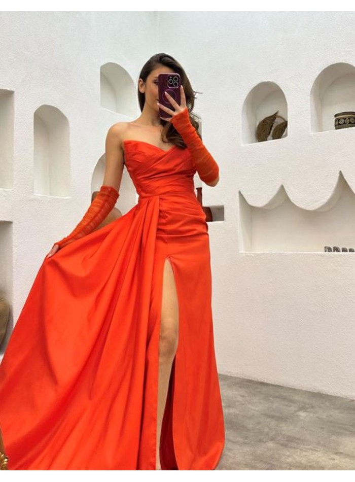 Strapless long evening dress with sleeves